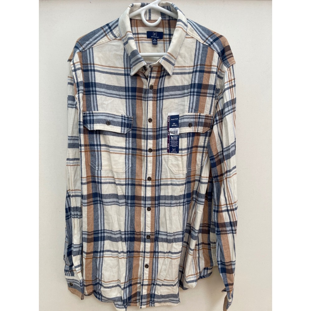 George Mens Super Soft Flannel Shirt 2XL Blue Tan Plaid GE34100125394B NWT